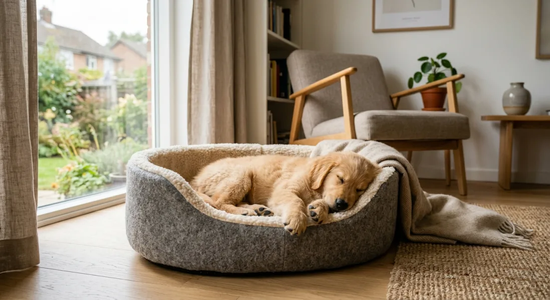 En lille, træt hundehvalp sover trygt og roligt i sin bløde hundekurv hjemme i stuen.