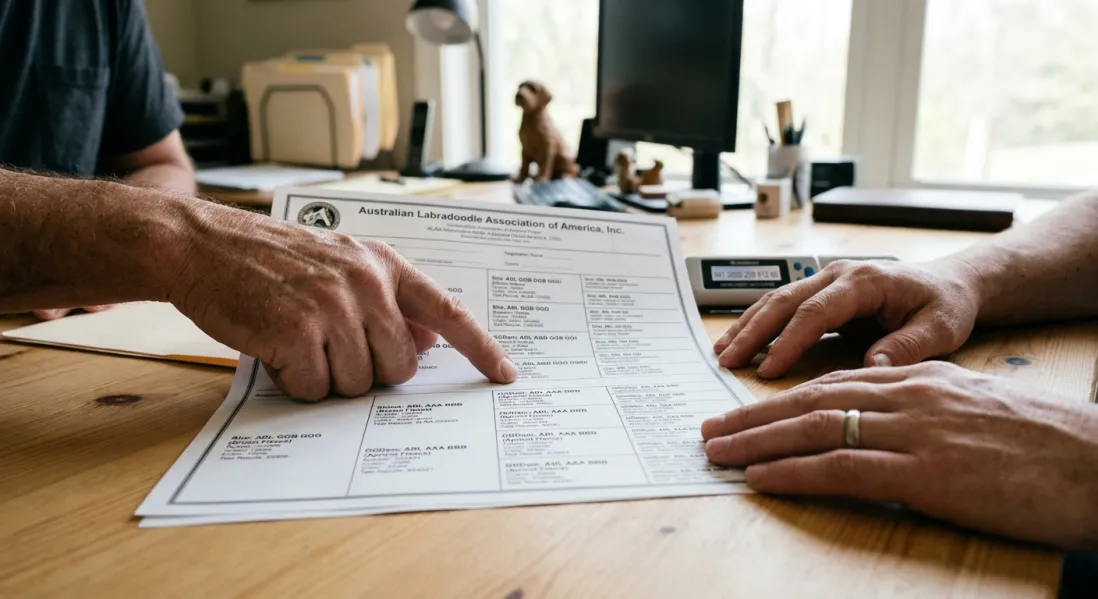 En opdrætter viser de officielle ALAA-registreringspapirer og pedigree til en kommende ejer.