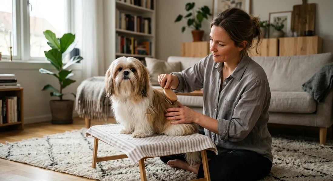 En person børster den lange, velplejede pels på en Shih Tzu, der sidder roligt på et bord.