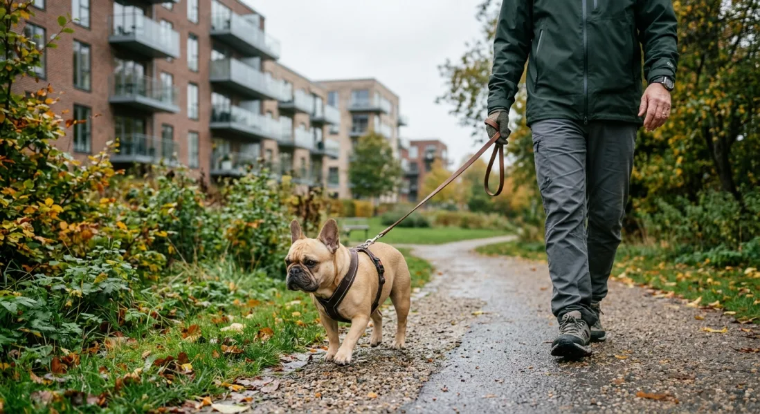 En person lufter en rolig buff-farvet Fransk Bulldog i snor på en sti nær lejlighedsbygninger.