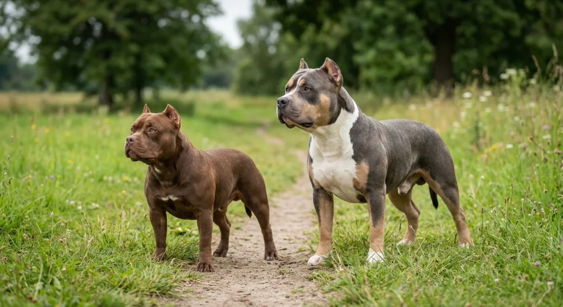 En Pocket American Bully (brun) står ved siden af en Standard American Bully (blue tri-color) på græs.