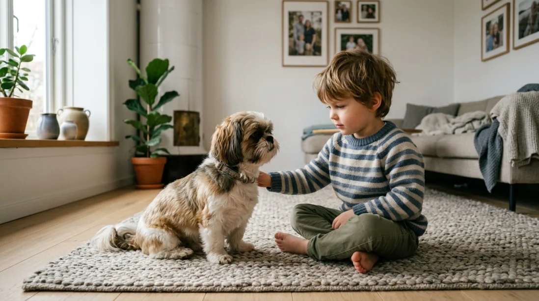En robust Shih Tzu selskabshund leger blidt med et lille barn på et hyggeligt tæppe i et hjemligt miljø.