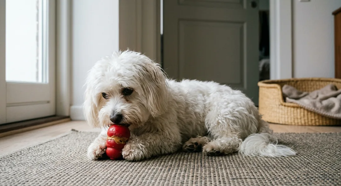 En rolig hvid Bichon Havanais hund engagerer sig med et aktiveringslegetøj på et tæppe, når den er alene hjemme.