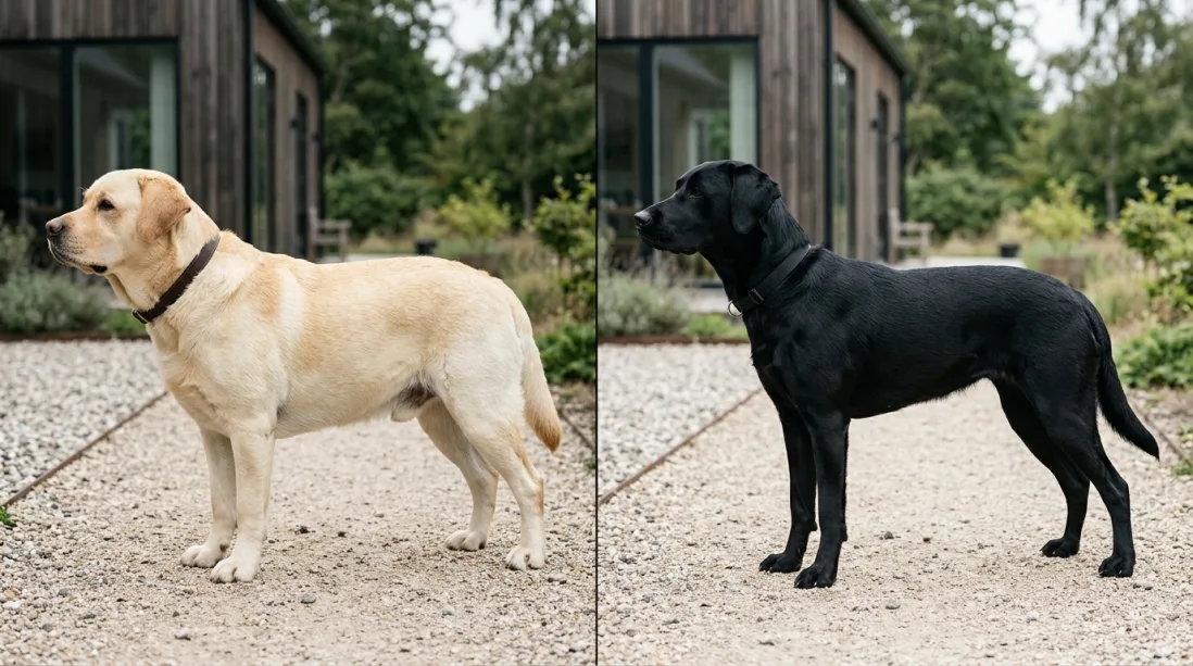 En sammenligning af profilbilleder af en kraftig gul klassisk Labrador og en slank, atletisk sort Formel 1 Labrador.