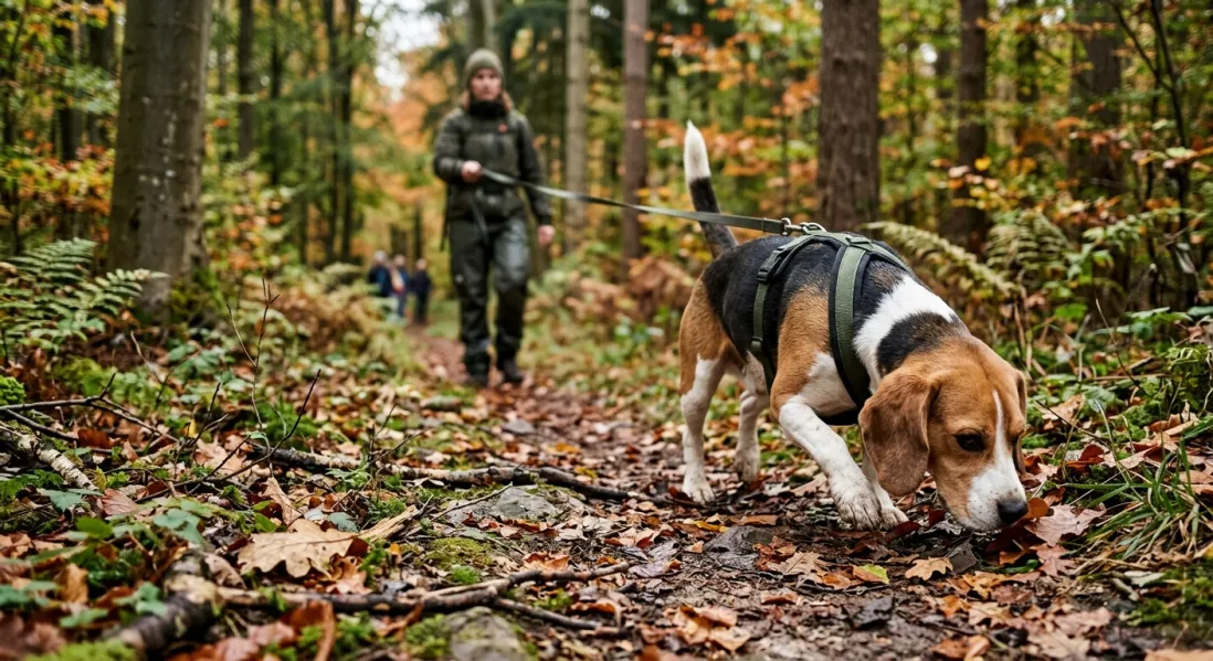 En slank Beagle sidder tålmodigt ved en keramikskål, mens en ejer hælder en afmålt mængde foder op.