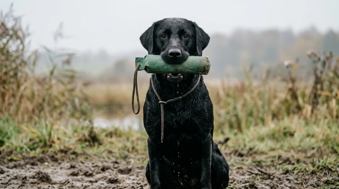 En sort Formel 1 Labrador sidder fokuseret på en mudret mark og holder en grøn træningsdummy i munden under jagttræning.