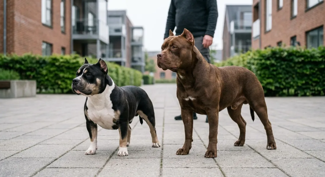 En sort Pocket American Bully og en chocolate Standard American Bully står side-by-side på brosten.
