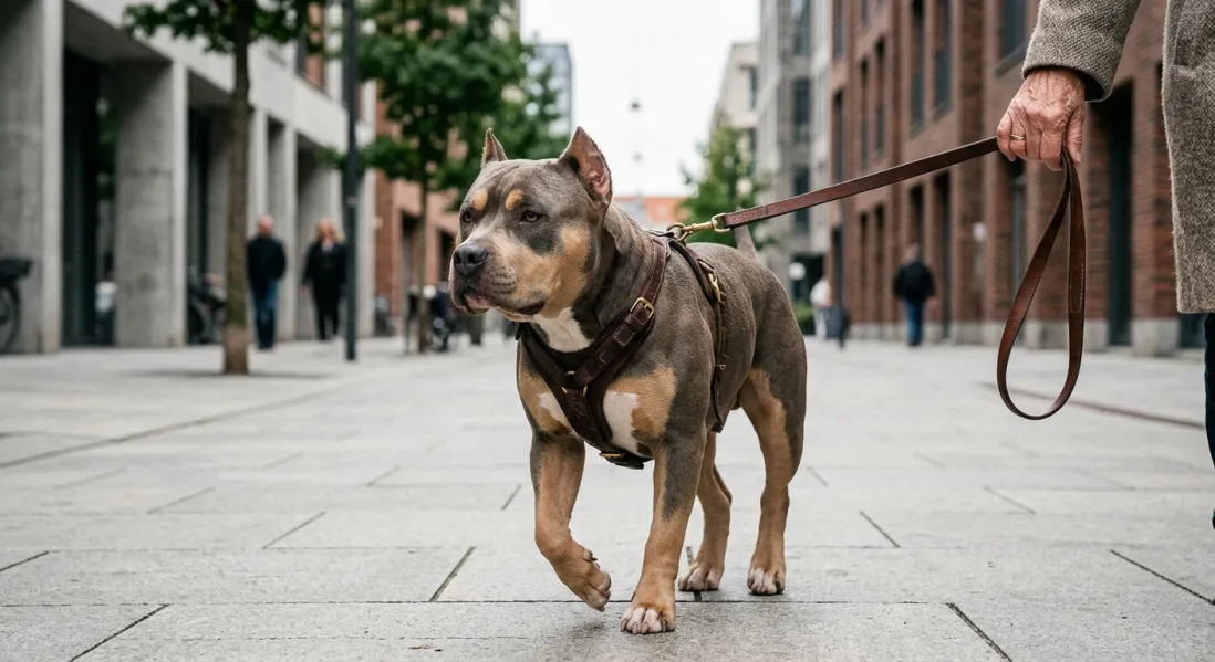 En stærk voksen American Bully Standard går roligt i sele og snor beside sin ejer i en moderne bygate og viser god lineføring.