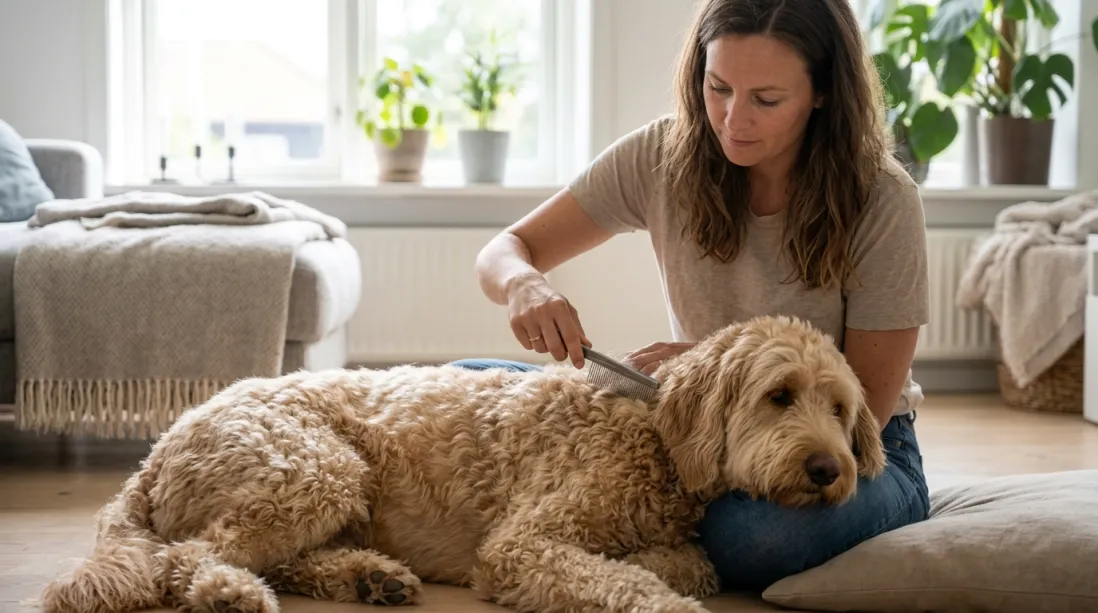 En Standard Goldendoodle og en Miniature Goldendoodle med forskellig pels står side-by-side.