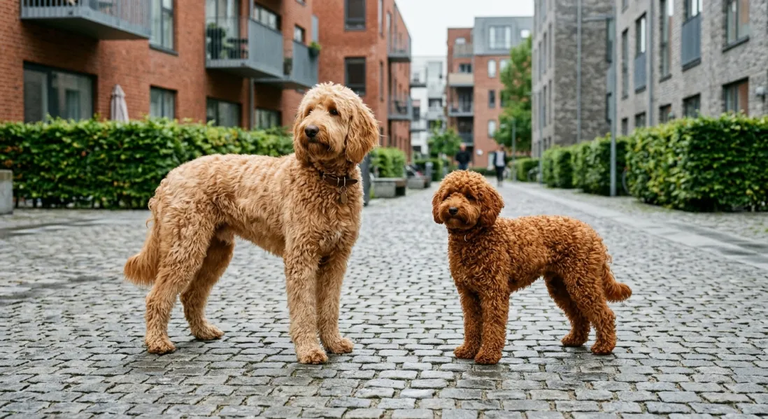 Variation er nøglen til at forstå Goldendoodles. Her ses forskellen på pelstype (bølget vs. krøllet) og størrelse (Standard vs. Miniature) hos to individer.