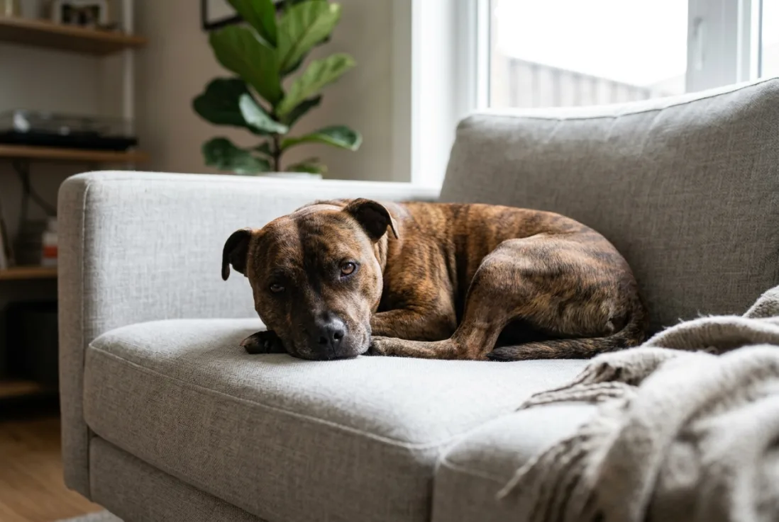 En voksen Staffordshire Bull Terrier ligger trygt og slapper af på en moderne sofa.