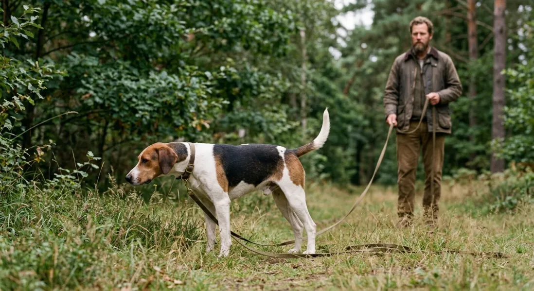 Engelsk foxhound følger et spor i langline på en natursti