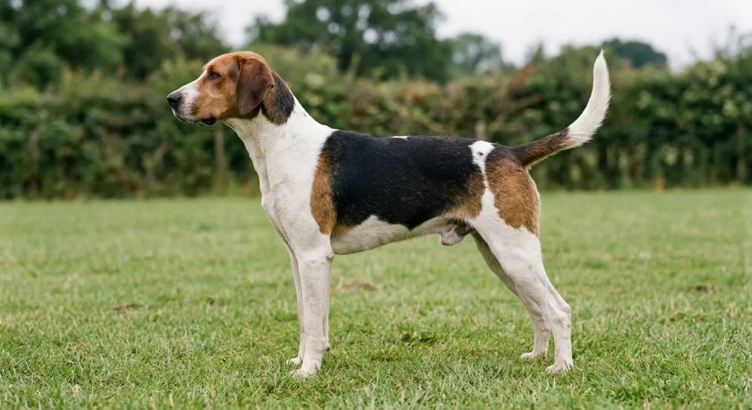 Engelsk foxhound i sideprofil med dyb brystkasse og lige ben