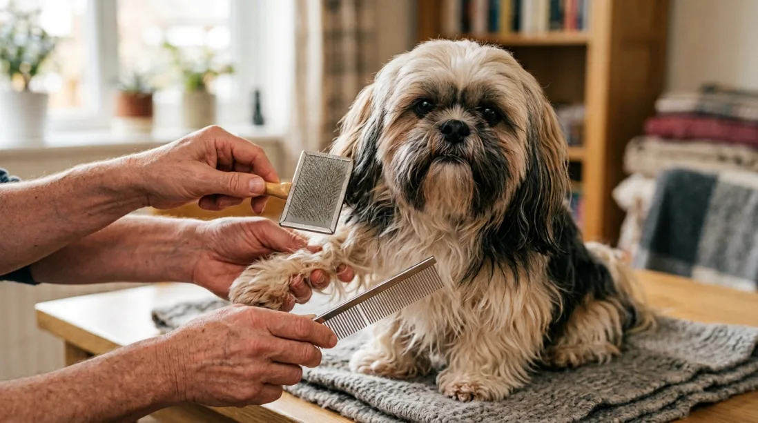 Et nærbillede af en Shih Tzu, hvis lange, velplejede pels bliver børstet grundigt.