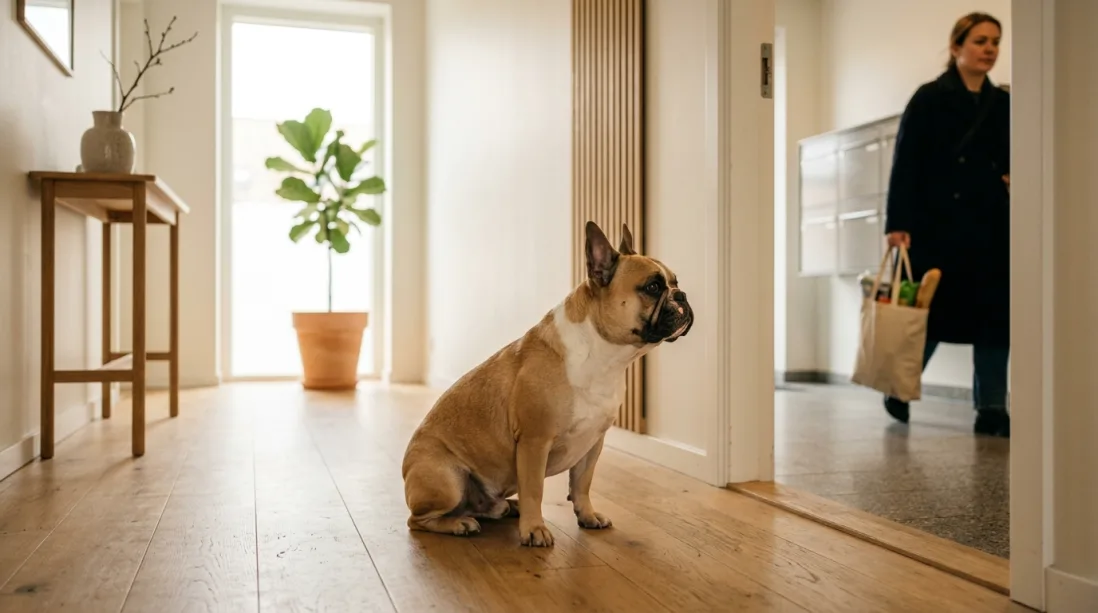 Fransk Bulldog sidder roligt på et trægulv i en lejlighedsopgang og observerer en nabo.