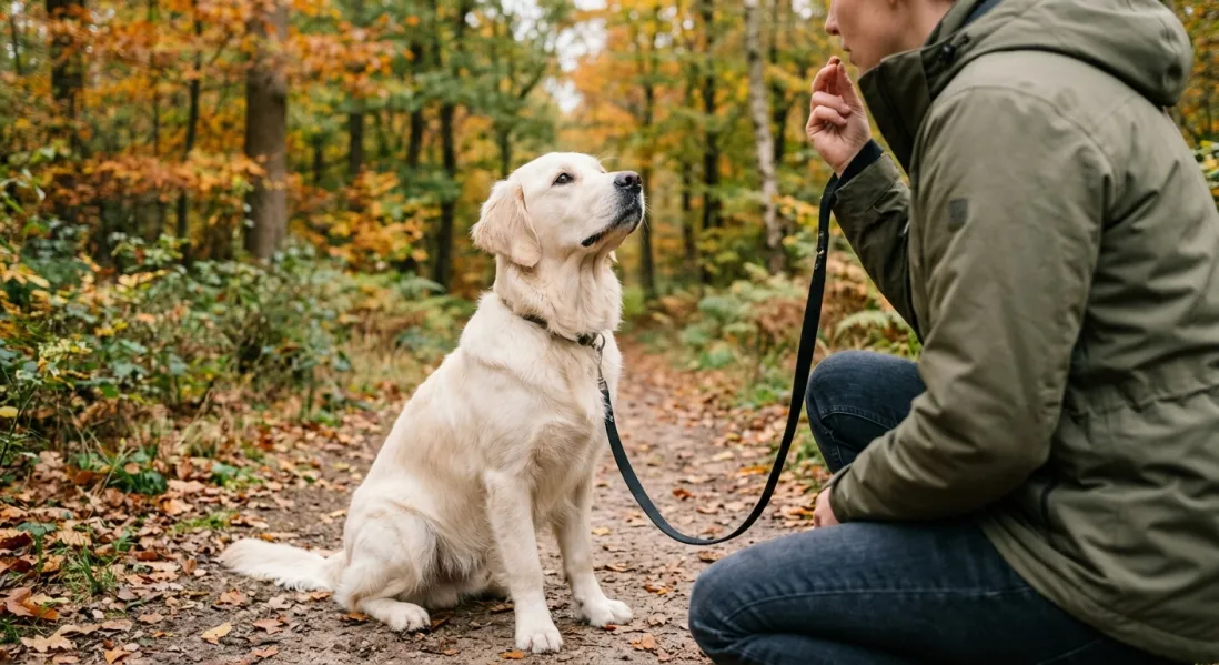 Golden Retriever hvalp i sit, kigger opmærksomt på sin ejer for kontaktøvelse på skovsti.