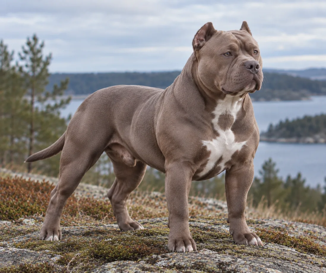 Lilac American Bully med lys brungrå pels i naturligt dagslys