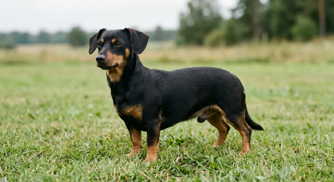 Lille Chiweenie med kort pels og let langstrakt krop stående på græs