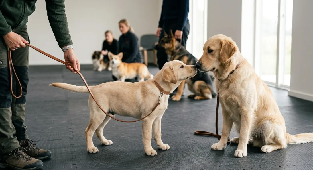 Lille gul Labrador hvalp hilser nysgerrigt på en voksen Golden Retriever på en gummimåtte i et indendørs træningslokale.