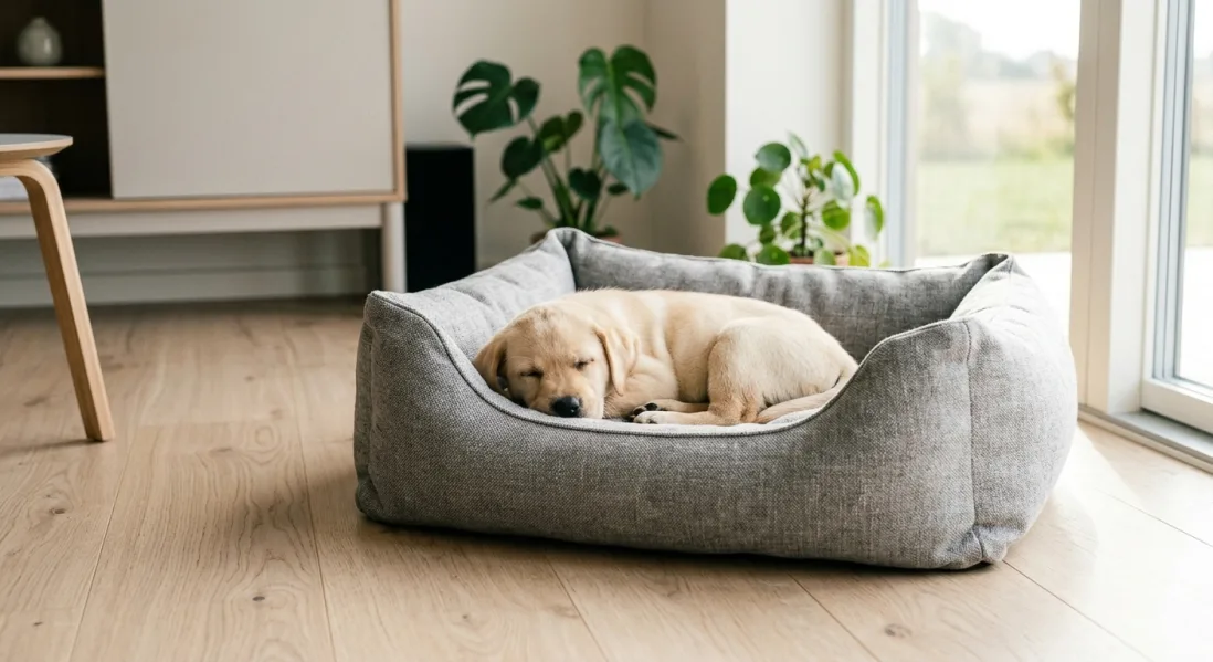 Lille gul Labrador hvalp sover trygt og fredeligt i en grå hundekurv i en lys skandinavisk stue.