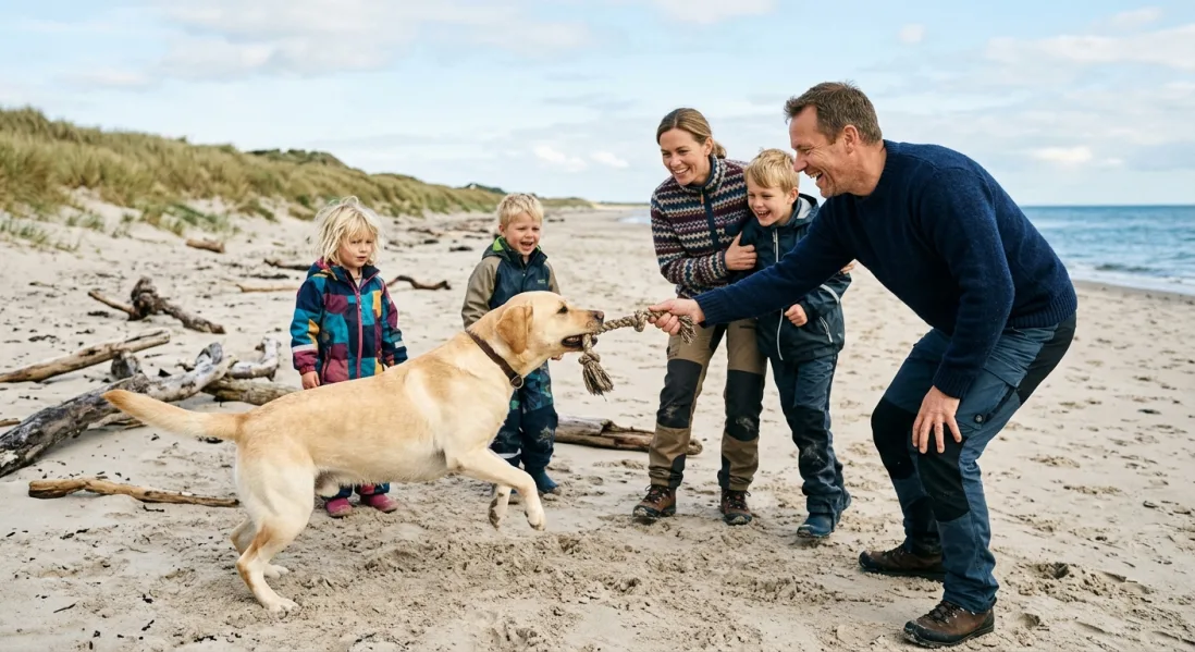 Lykkelig voksen gul Labrador Retriever der leger med en dansk familie på en strand med klitter og sand og ser sund og velplejet ud.