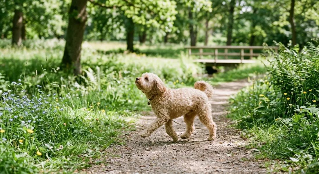 Maltipoo på gåtur i en grøn park med naturlig bevægelse.