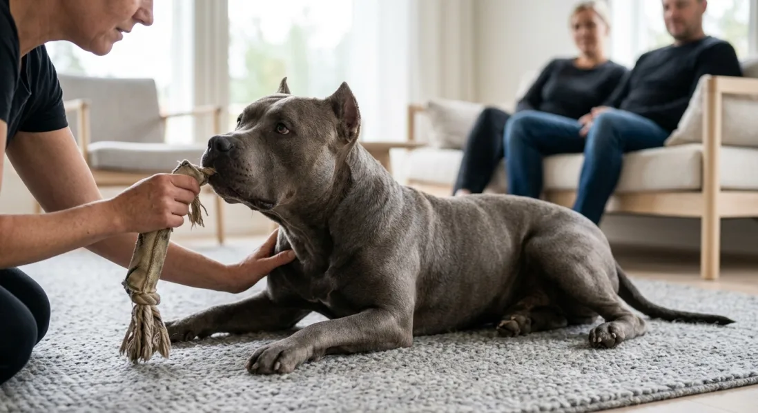 Mature American Bully XL hviler roligt på et tæppe, mens en familie sidder og interagerer med den i et skandinavisk hjem.