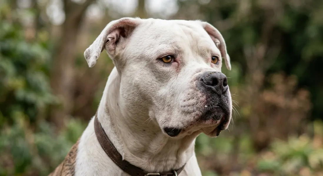 Nærbillede af amerikansk bulldog med bredt hoved og kort pels