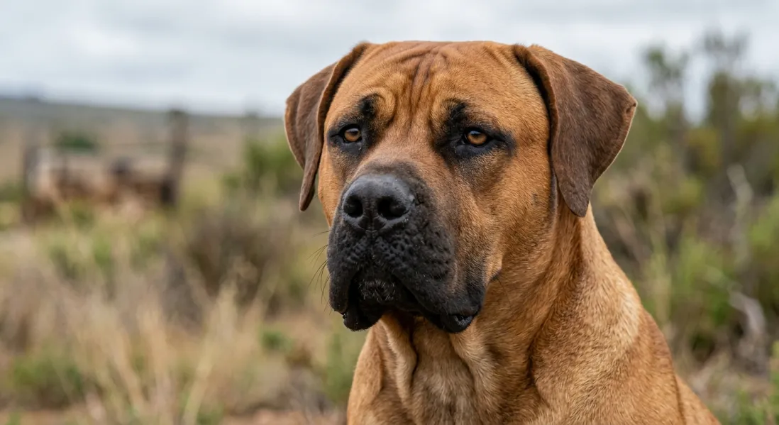 Nærbillede af Boerboel med bredt hoved og kort fawnfarvet pels