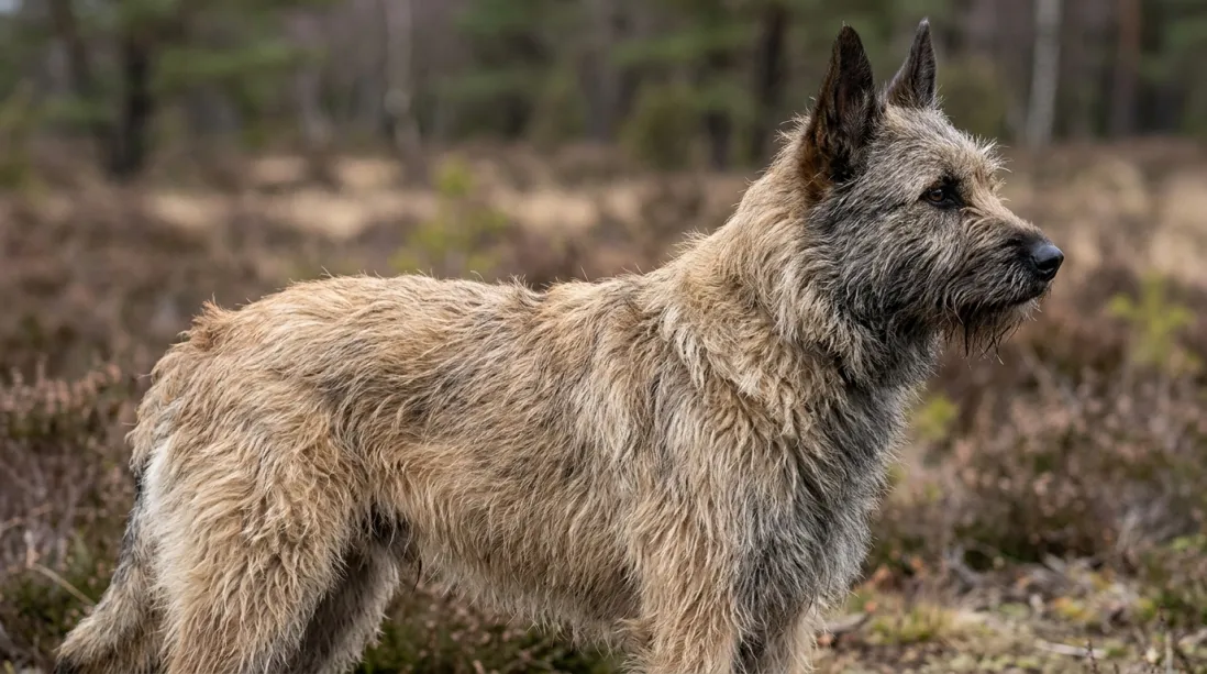 Nærbillede af Bouvier des Ardennes med strid pels, skæg og