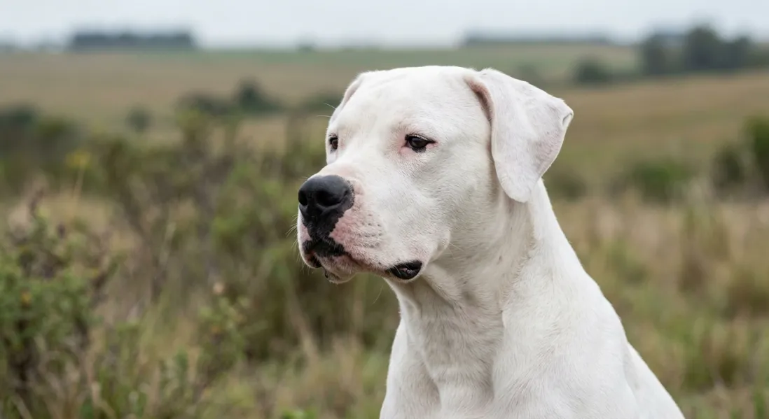 Nærbillede af Dogo Argentino med hvid pels, mørke øjne og sort næse