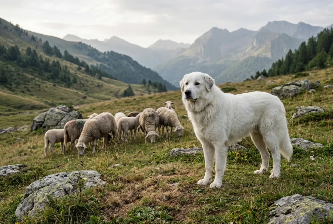 Nærbillede af pyreneerhund med tæt hvid pels, mørke øjne og hængende ører.