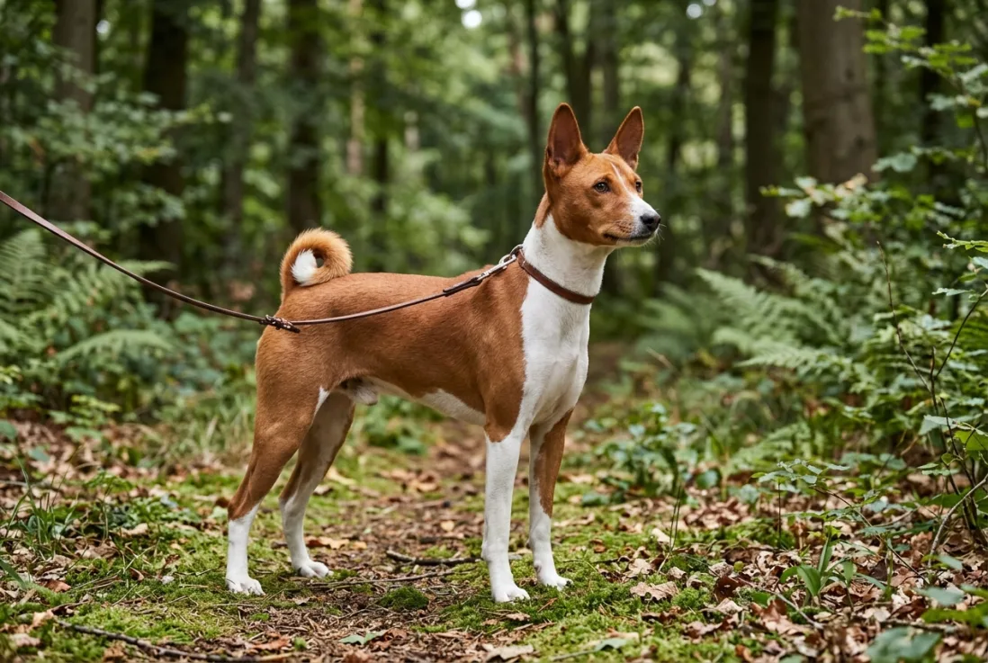 Opmærksom Basenji i snor med stiv kropsholdning og spidsede ører på en skovsti