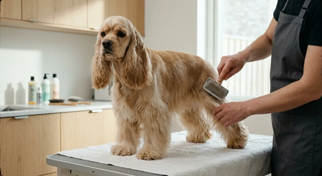 Person børster den lange silkepels på benet af en Amerikansk Cocker Spaniel.