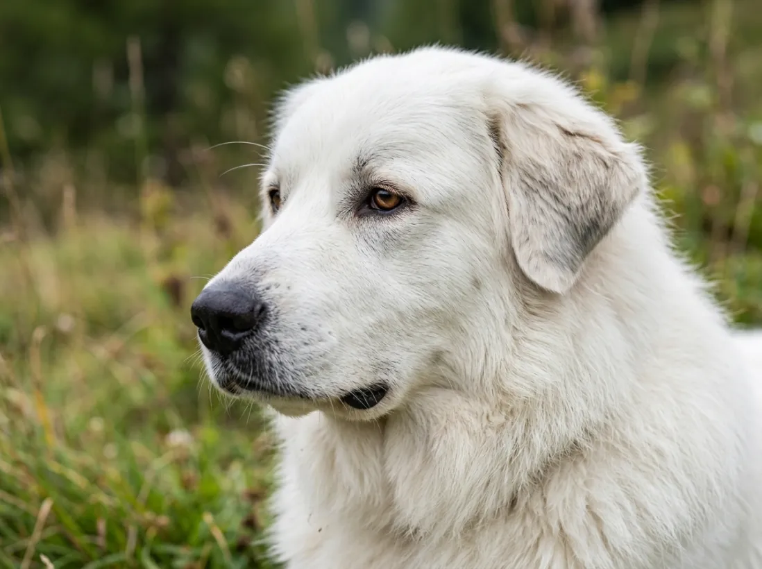 Pyreneerhund holder øje med en fåreflok på en bjergskråning.