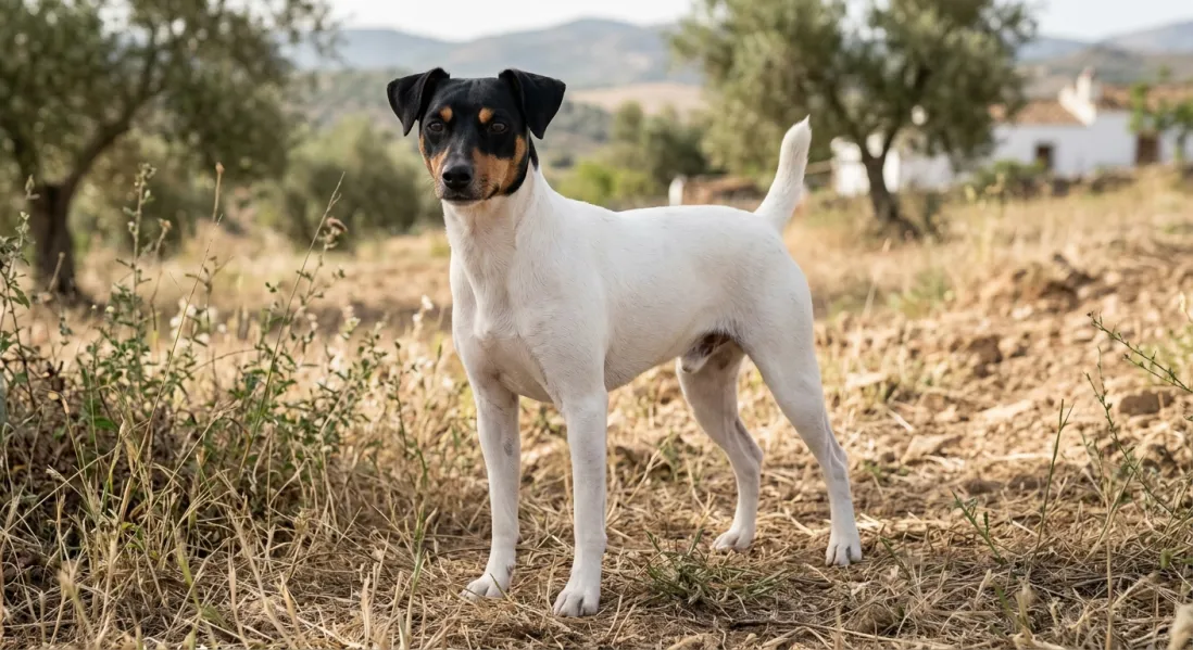 Ratonero Bodeguero Andaluz stående udendørs med hele kroppen synlig