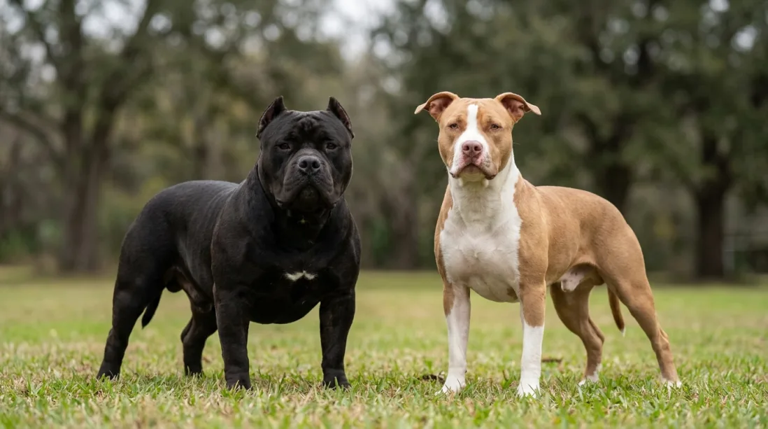 Sammenligning af American Bully og American Pit Bull Terrier stående side om side på græs, der viser forskellen på kraftig og atletisk bygning.