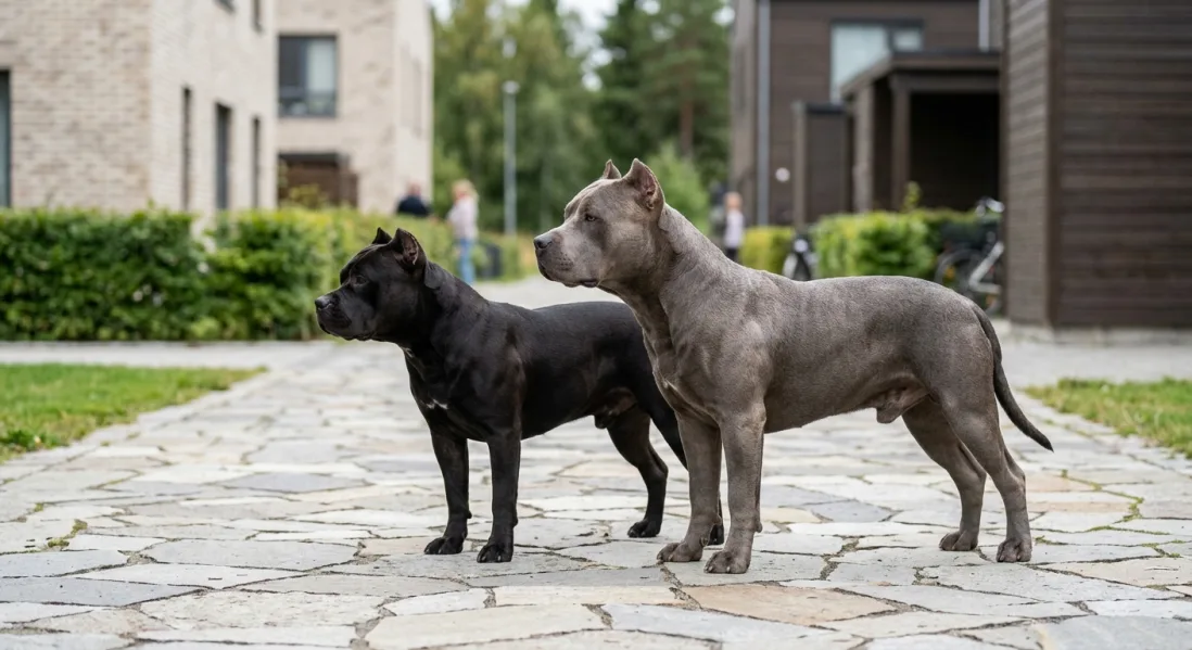 Sammenligning af American Bully XL og American Bully Standard full body, stående på en stenbelagt gang.