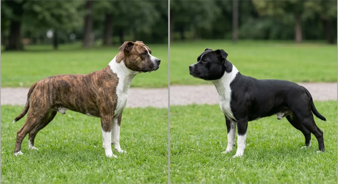 Sammenligning af amerikansk staffordshire terrier og staffordshire bull terrier set fra siden.