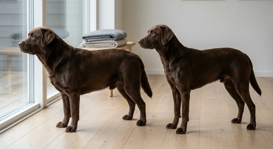 Sammenligning af chokoladebrun Labrador af klassisk type og Formel 1 type side-by-side.