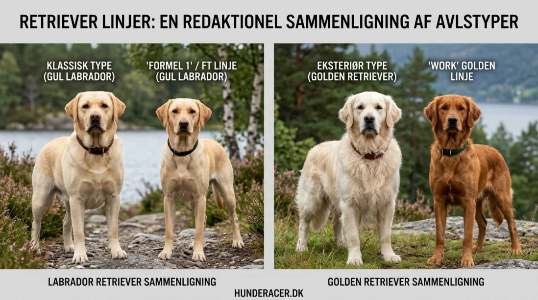Sammenligning af klassisk og arbejdspræget linje hos en gul Labrador Retriever vs. eksteriør og arbejdspræget linje hos en Golden Retriever.