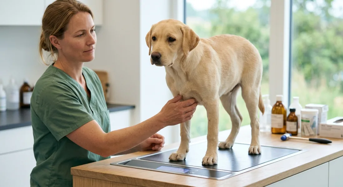 Seks måneder gammel Labrador hvalp står på en digital vægt hos dyrlægen, vejledt af en dyrlæge.