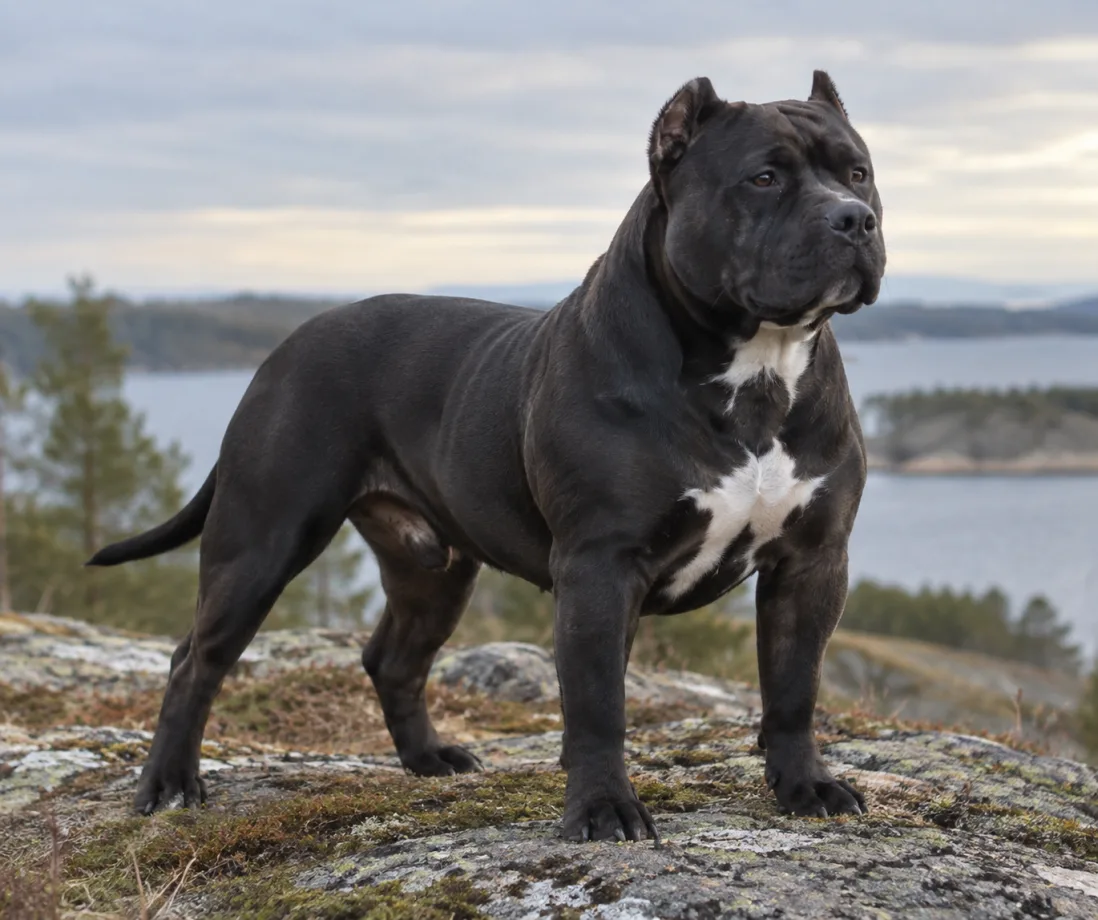 Sort American Bully med kort glat pels i naturligt dagslys