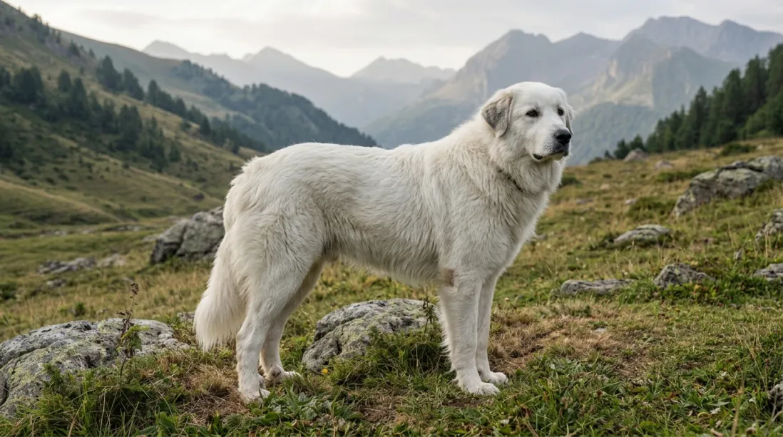 Stor hvid pyreneerhund stående i grønt bjergterræn set fra siden.