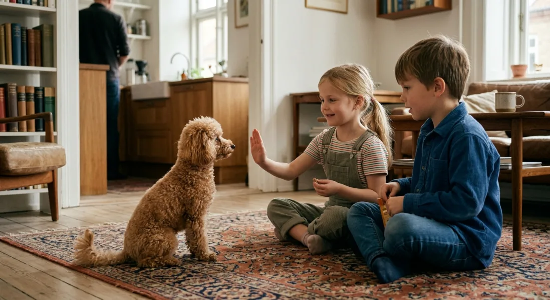 To børn på et gulvtæppe træner en lille Dværgpuddel hund, der sidder og kigger forventningsfuldt.