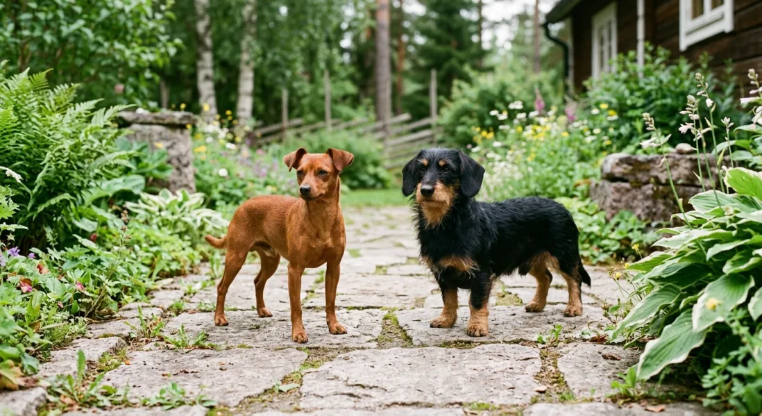 To forskellige Chiweenie-hunde med kort og længere pels i samme udendørsmiljø