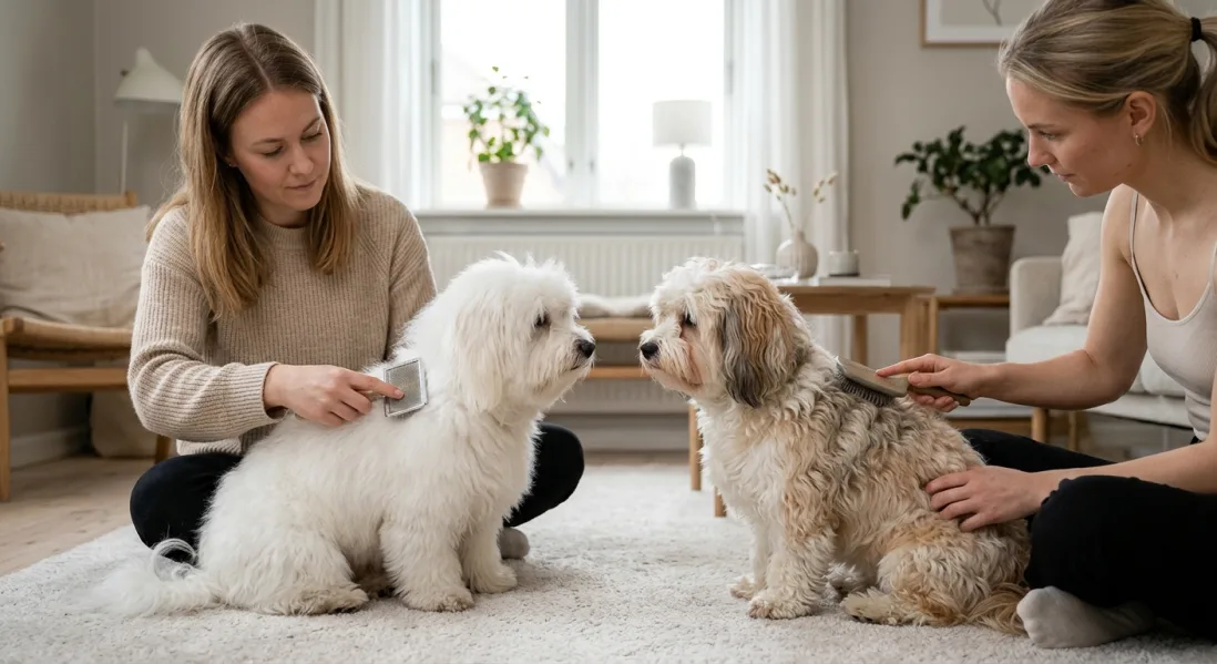 To personer børster henholdsvis en hvid Coton de Tuléar og en Bichon Havanais i et lyst hjem.