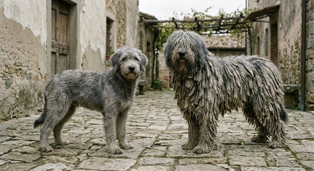 Ung Bergamasco med blødere pels ved siden af voksen Bergamasco med filtbånd.