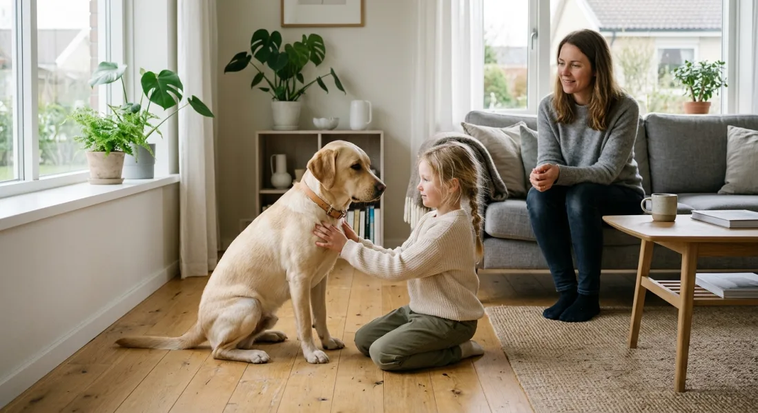 Ung gul Labrador sidder roligt mens et barn klapper den under voksenopsyn i en lys stue.