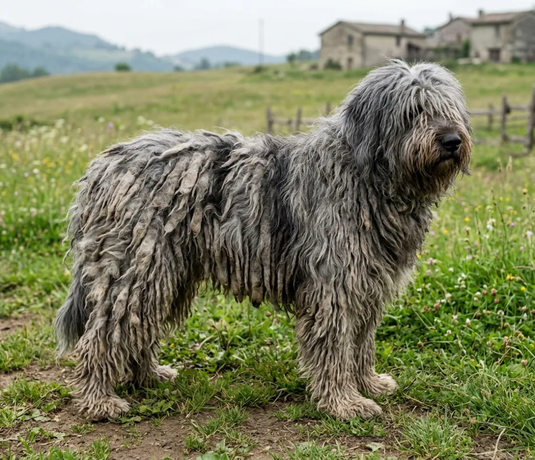 Voksen Cane da Pastore Bergamasco stående på græs med brede grå filtbånd.